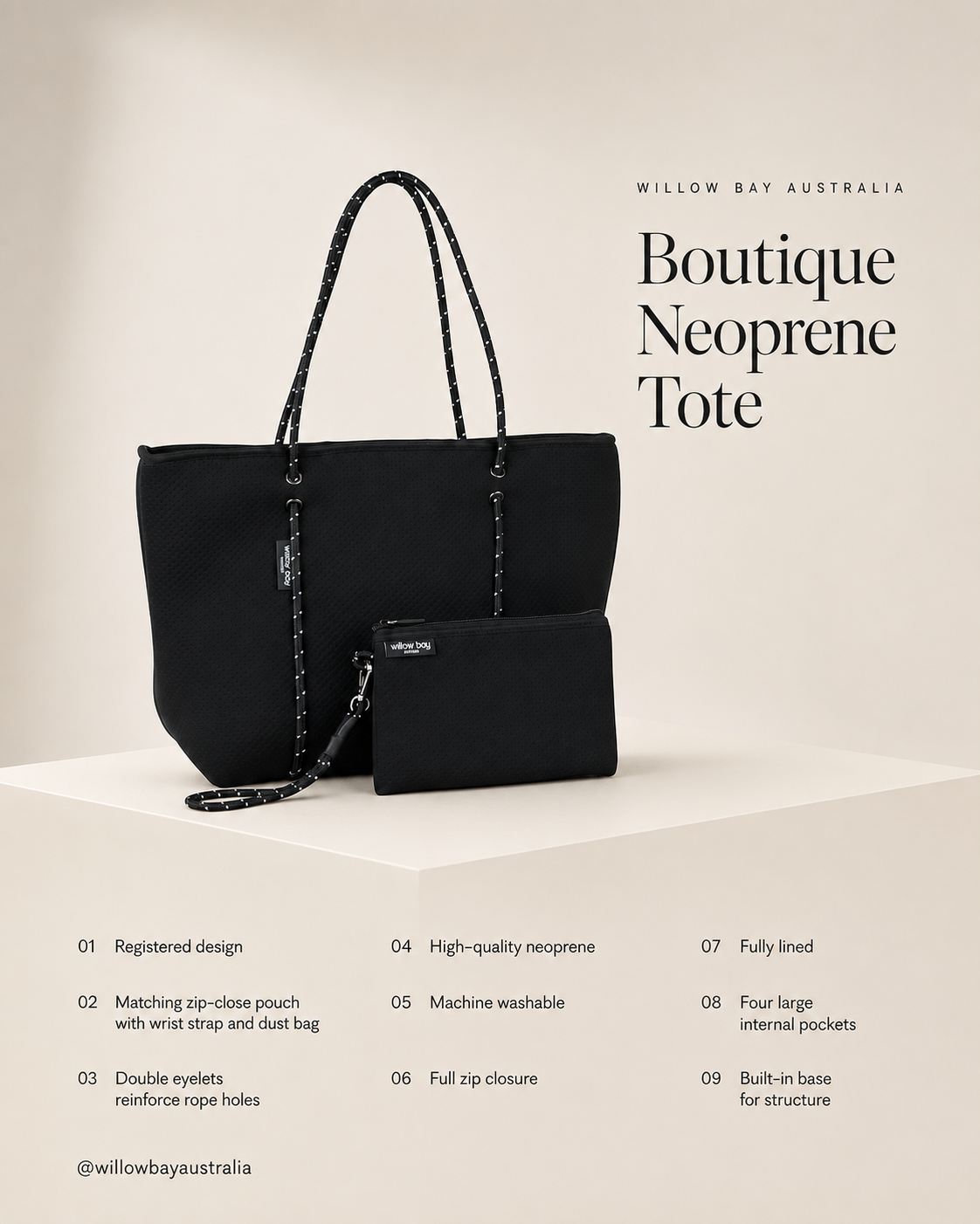 BOUTIQUE 带拉链氯丁橡胶托特包 - 黑色