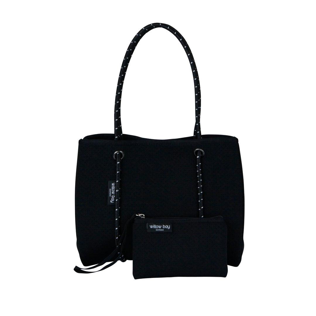 DAYDREAMER MINI Neoprene Tote Bag With Closure - BLACK-neoprene bag-shopping bag-handbag-travel bag-washable-vegan bag-Willow Bay Australia