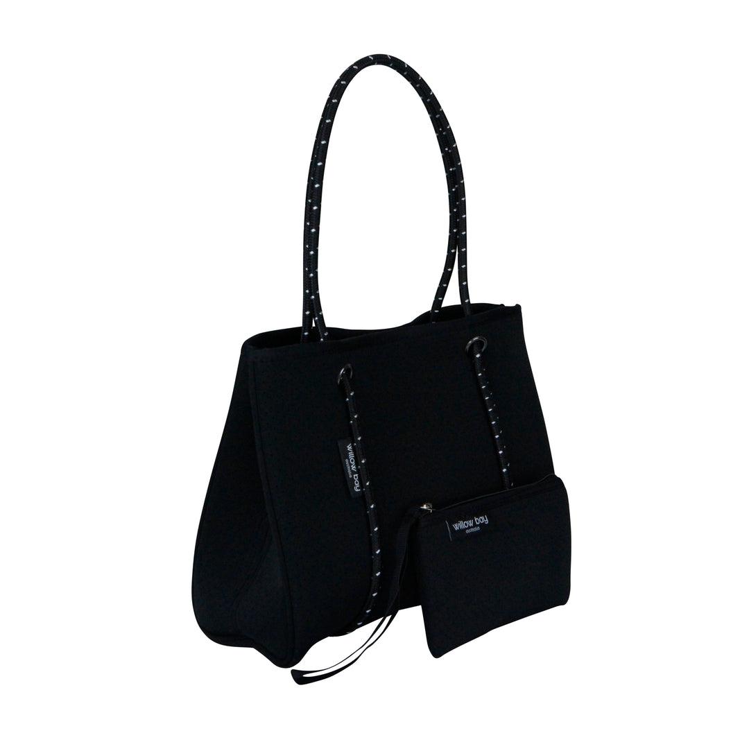 DAYDREAMER MINI Neoprene Tote Bag With Closure - BLACK-neoprene bag-shopping bag-handbag-travel bag-washable-vegan bag-Willow Bay Australia