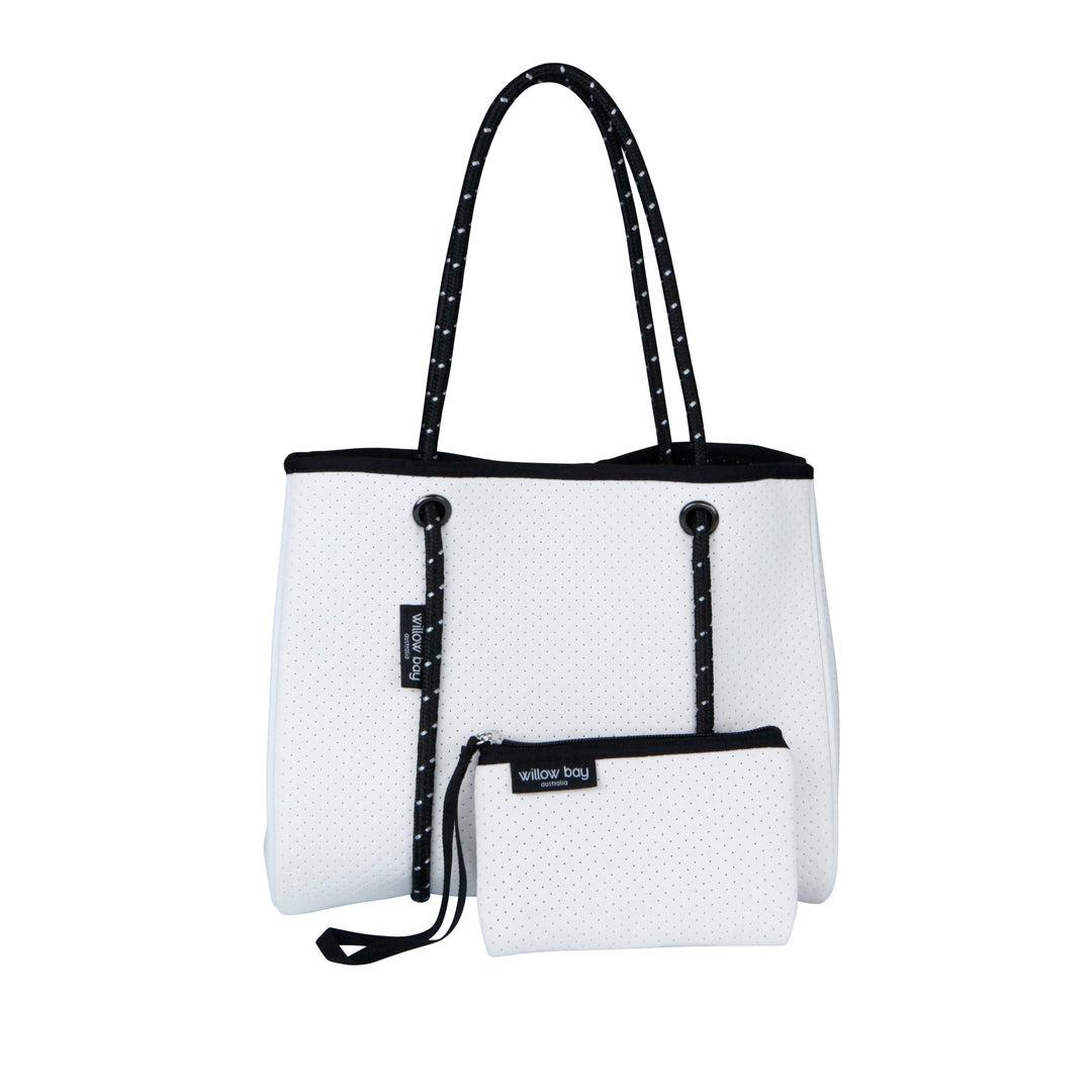 DAYDREAMER MINI Neoprene Tote with Closure - WHITE-neoprene bag-shopping bag-handbag-travel bag-washable-vegan bag-Willow Bay Australia