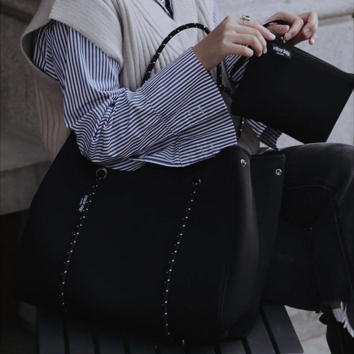 DAYDREAMER Neoprene Tote Bag With Closure - BLACK-DAYDREAMER Neoprene Tote Bag With Closure - BLACK - Willow Bay-Stunning, stylish and functional, our black daydreamer neoprene tote bags are perfect for everyday use. Free shipping for AU & NZ. Shop Now!

-neoprene bag-shopping bag-handbag-travel bag-washable-vegan bag-Willow Bay Australia