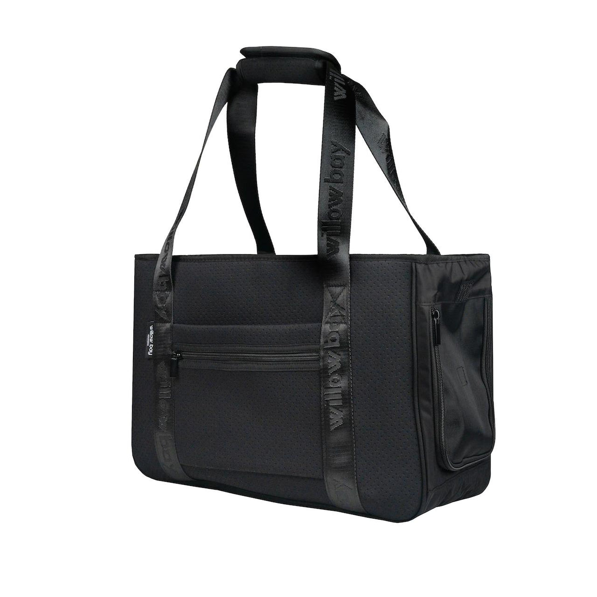 Black neoprene pet carrier with mesh side panel, front zipper pocket, and "willow bay" branded straps.