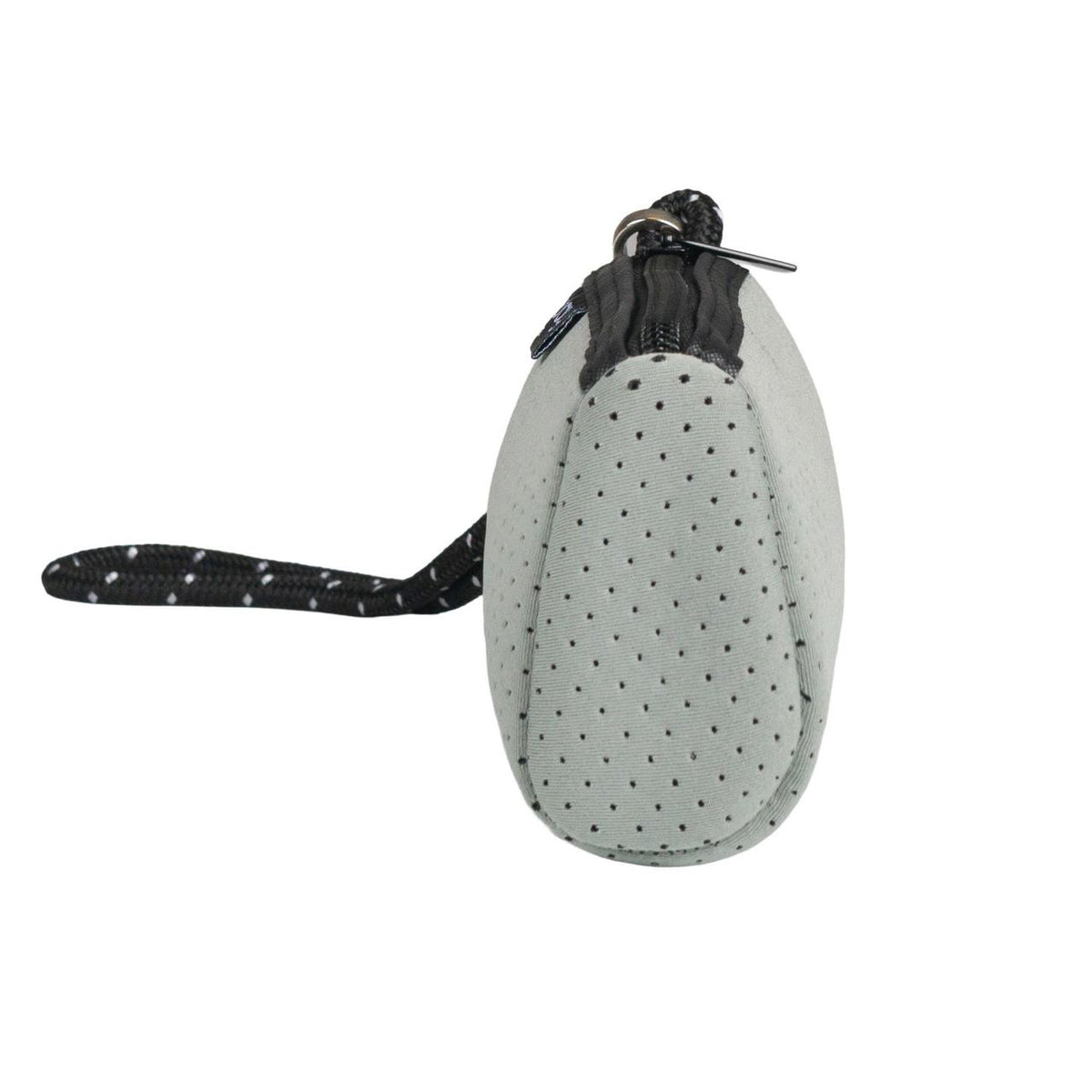 Grey neoprene wristlet clutch with a perforated texture, black zipper, and a black rope strap.