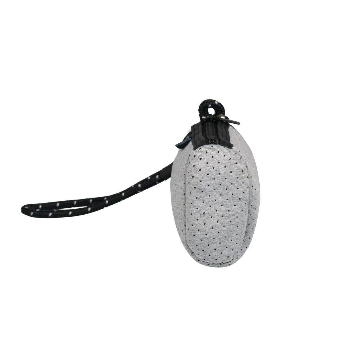 Light marle neoprene wristlet clutch with black zipper and detachable black rope strap.