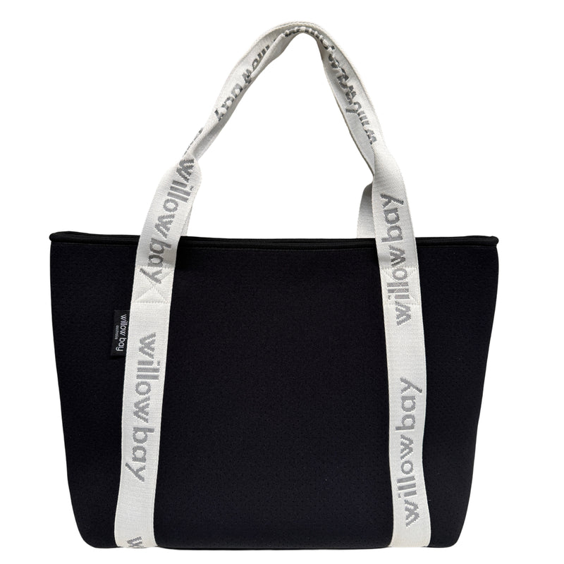 BOUTIQUE TRAVEL Neoprene Tote Bag With Zip (with luggage/trolley sleeve) - BLACK (WITH WHITE HANDLE)