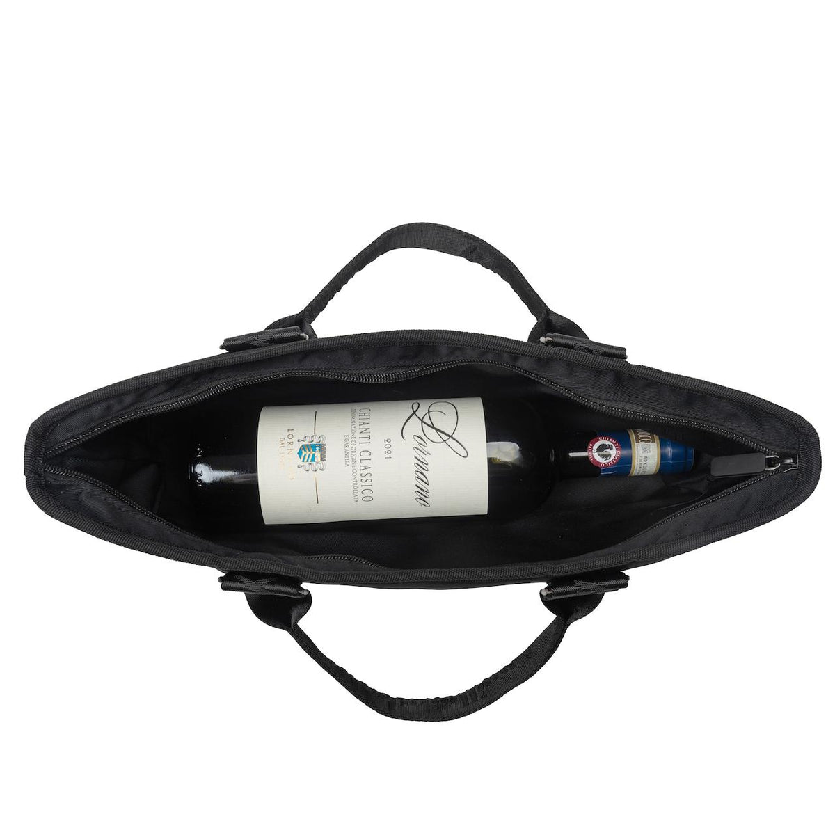Black neoprene wine carry bag with a bottle of red wine and a small blue bottle inside.