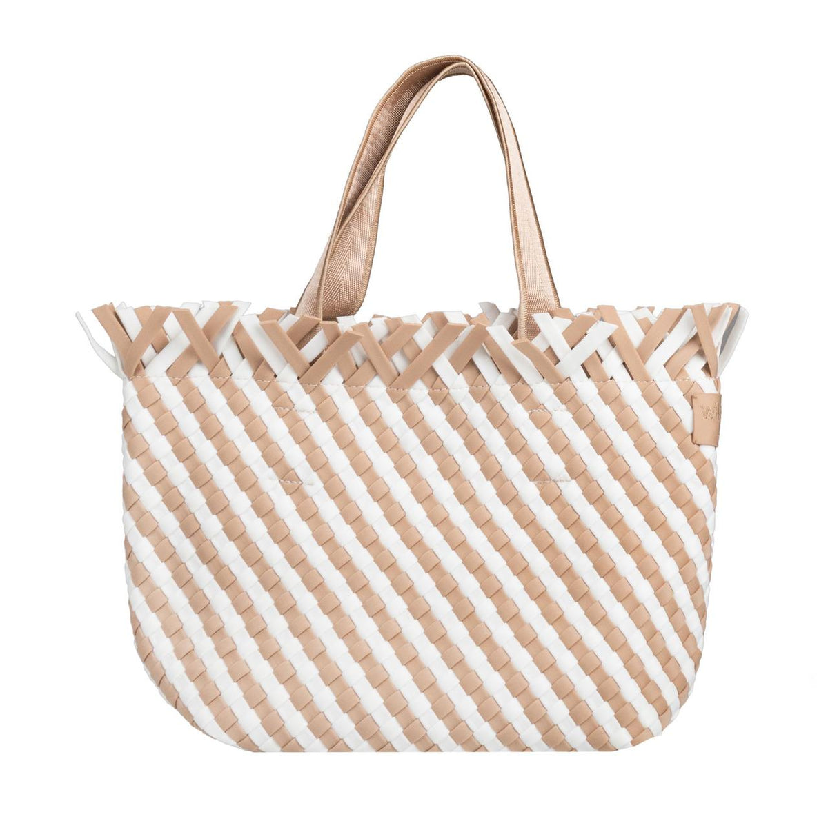 Beige & white woven neoprene tote bag with diagonal stripes, fringe detail, and a gold handle.