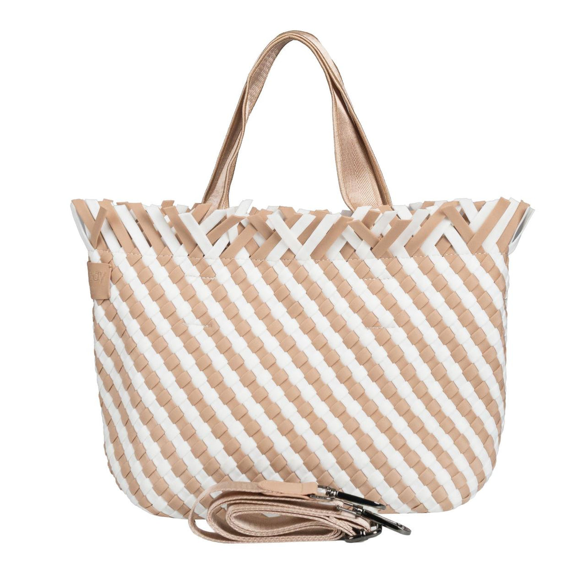 Beige & white woven neoprene tote bag with fringe detail and a detachable crossbody strap.