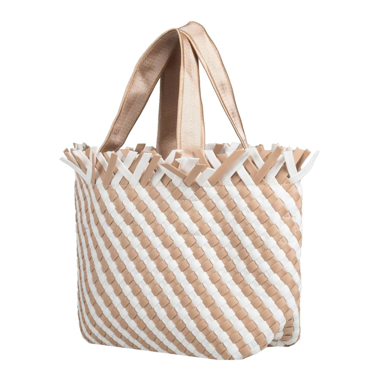 Beige & white woven neoprene crossbody tote bag with fringe detail and top handles.
