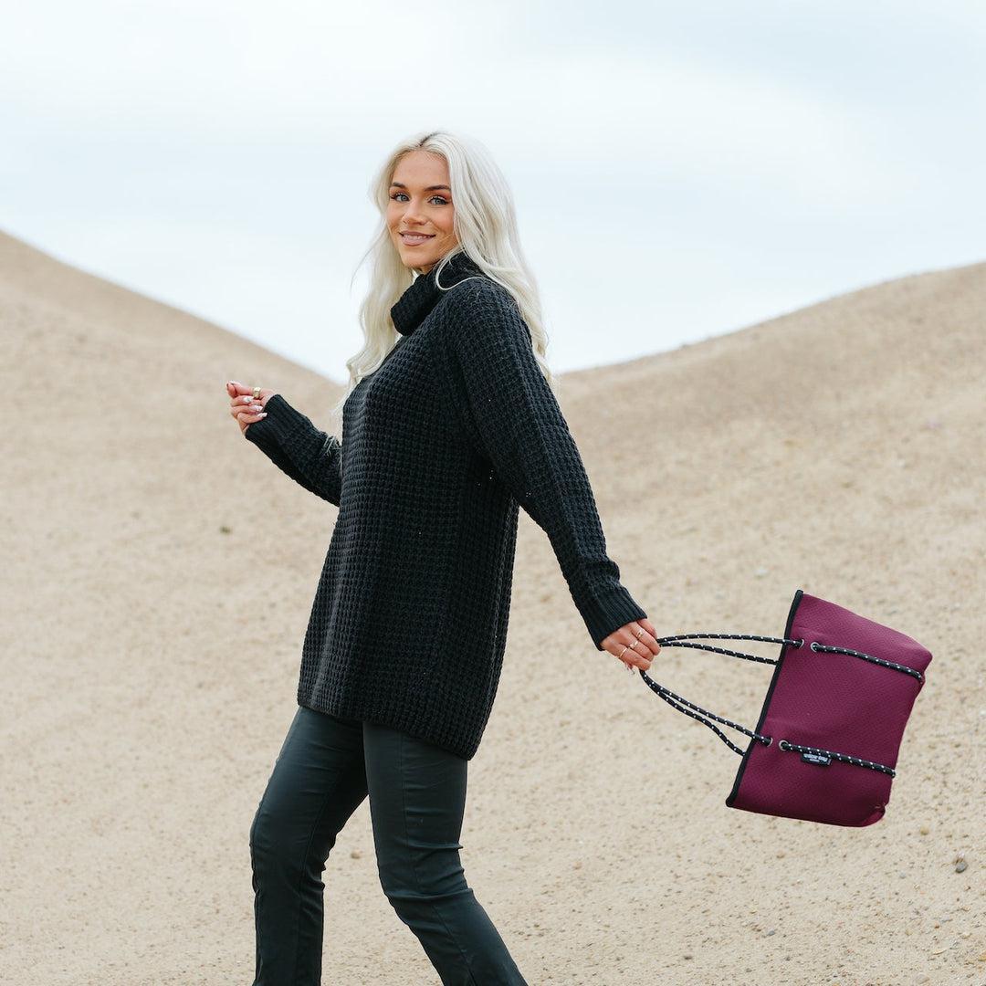 BOUTIQUE MINI Neoprene Tote Bag With Zip - BURGUNDY-neoprene bag-shopping bag-handbag-travel bag-washable-vegan bag-Willow Bay Australia
