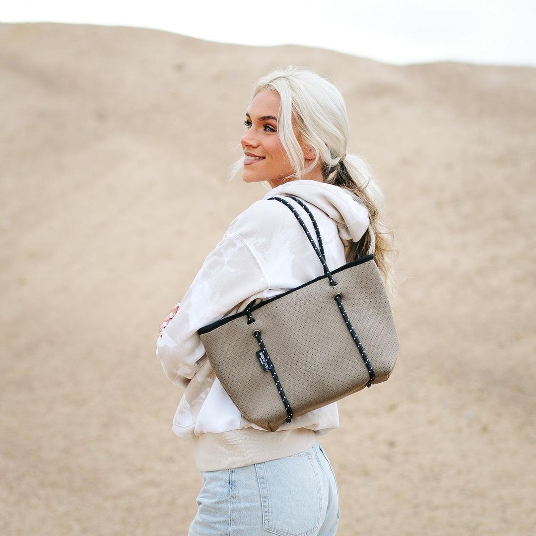 BOUTIQUE MINI Neoprene Tote Bag With Zip - SAGE-neoprene bag-shopping bag-handbag-travel bag-washable-vegan bag-Willow Bay Australia