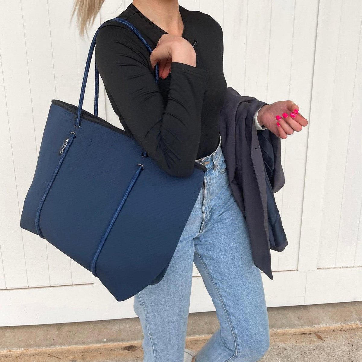 BOUTIQUE SIGNATURE Neoprene Tote Bag With Zip - Navy-BOUTIQUE Signature Neoprene Tote Bag With Zip - NAVY - Willow Bay -Offering gorgeous chic style & functionality, our navy Boutique Signature Neoprene Tote bags are ideal for everyday use. Free shipping for AU & NZ. Shop Now!-neoprene bag-shopping bag-handbag-travel bag-washable-vegan bag-Willow Bay Australia