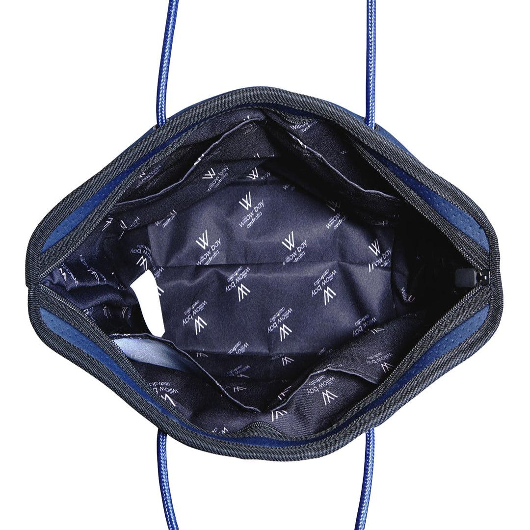 BOUTIQUE SIGNATURE Neoprene Tote Bag With Zip - Navy-BOUTIQUE Signature Neoprene Tote Bag With Zip - NAVY - Willow Bay -Offering gorgeous chic style & functionality, our navy Boutique Signature Neoprene Tote bags are ideal for everyday use. Free shipping for AU & NZ. Shop Now!-neoprene bag-shopping bag-handbag-travel bag-washable-vegan bag-Willow Bay Australia