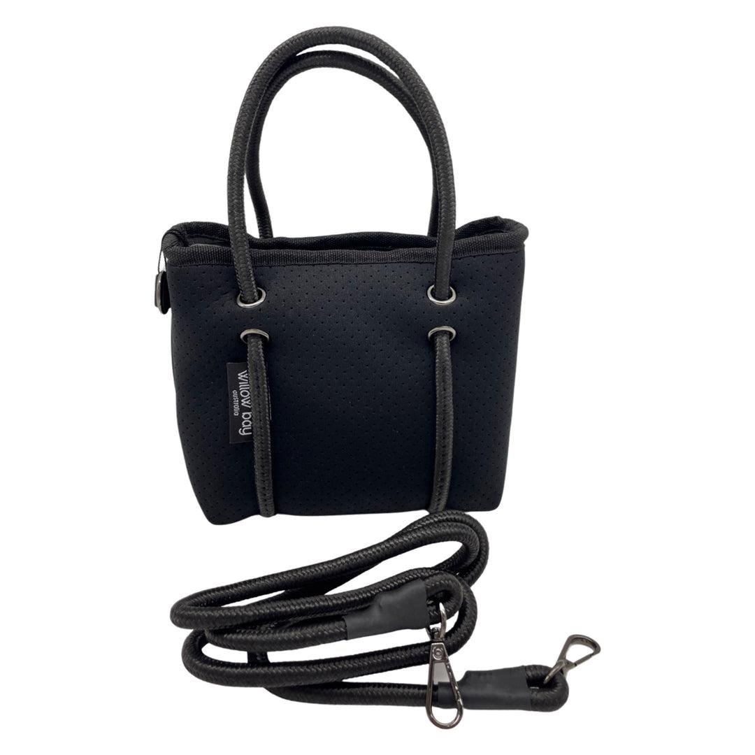 BOUTIQUE TINY Signature Neoprene Tote Bag With Zip - BLACK-Willow Bay BOUTIQUE TINY Signature Neoprene Tote Bag - Black Our signature collection is a unique addition to our Boutique Tiny range. With the same features as our traditional Boutique Tiny tote with the addition of the Willow Bay branded lining and the sailing rope handle in a single colour to match the bag. The newest addition to the Boutique Family, meet the Tiny! This bag is seriously cool. The perfect companion when needing to store only your 
