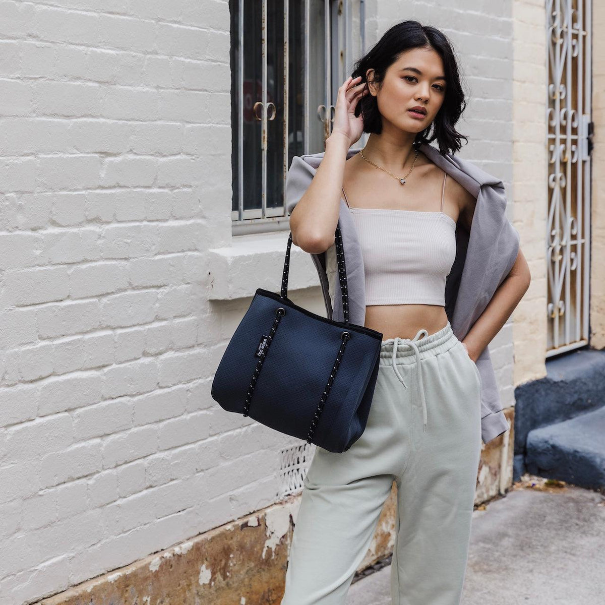 DAYDREAMER MINI Neoprene Tote Bag With Closure - CHARCOAL-neoprene bag-shopping bag-handbag-travel bag-washable-vegan bag-Willow Bay Australia