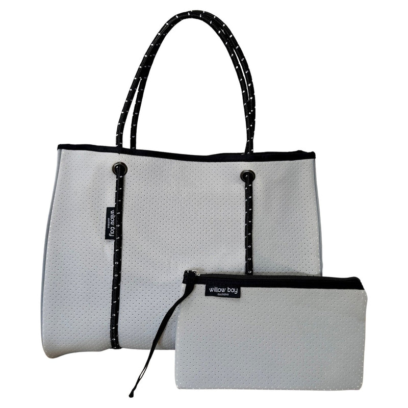 DAYDREAMER Neoprene Tote Bag with Closure - LIGHT GREY / BLACK ROPE WITH FLECK
