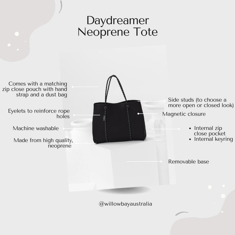 DAYDREAMER Neoprene Tote Bag with Closure - LIGHT GREY / WHITE ROPE WITH FLECK