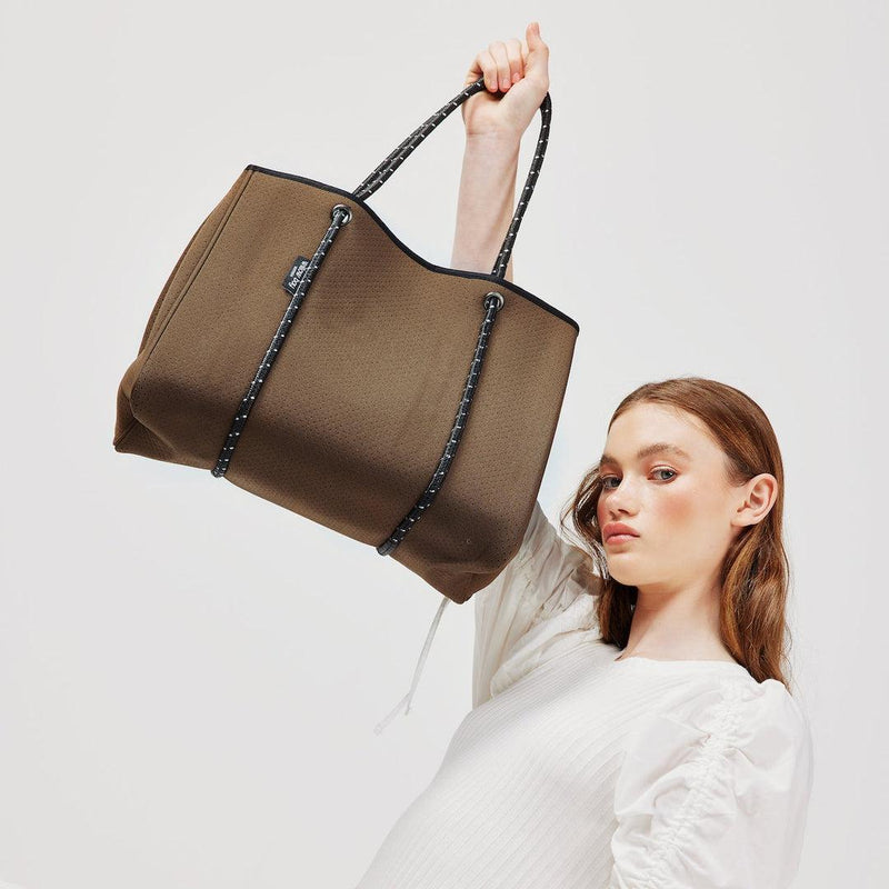 DAYDREAMER Neoprene Tote Bag With Closure - OLIVE-neoprene bag-shopping bag-handbag-travel bag-washable-vegan bag-Willow Bay Australia