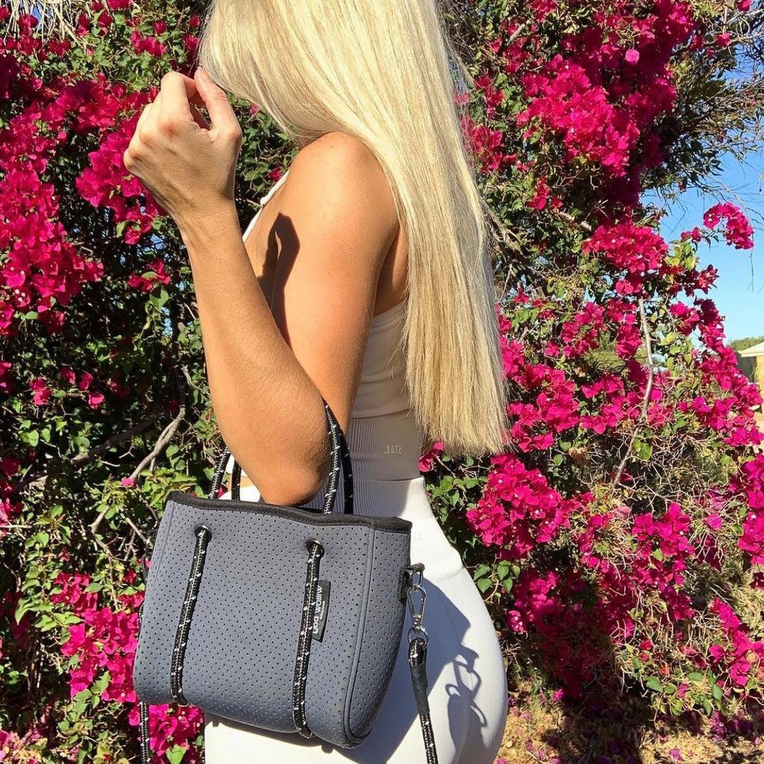DAYDREAMER TINY Neoprene Tote Bag With Closure - CHARCOAL-neoprene bag-shopping bag-handbag-travel bag-washable-vegan bag-Willow Bay Australia