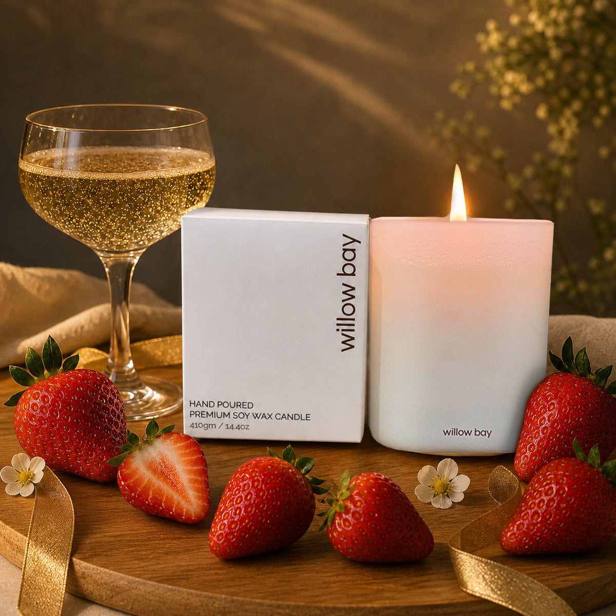 White frosted glass soy candle with a lit wick, box, champagne, and fresh strawberries.