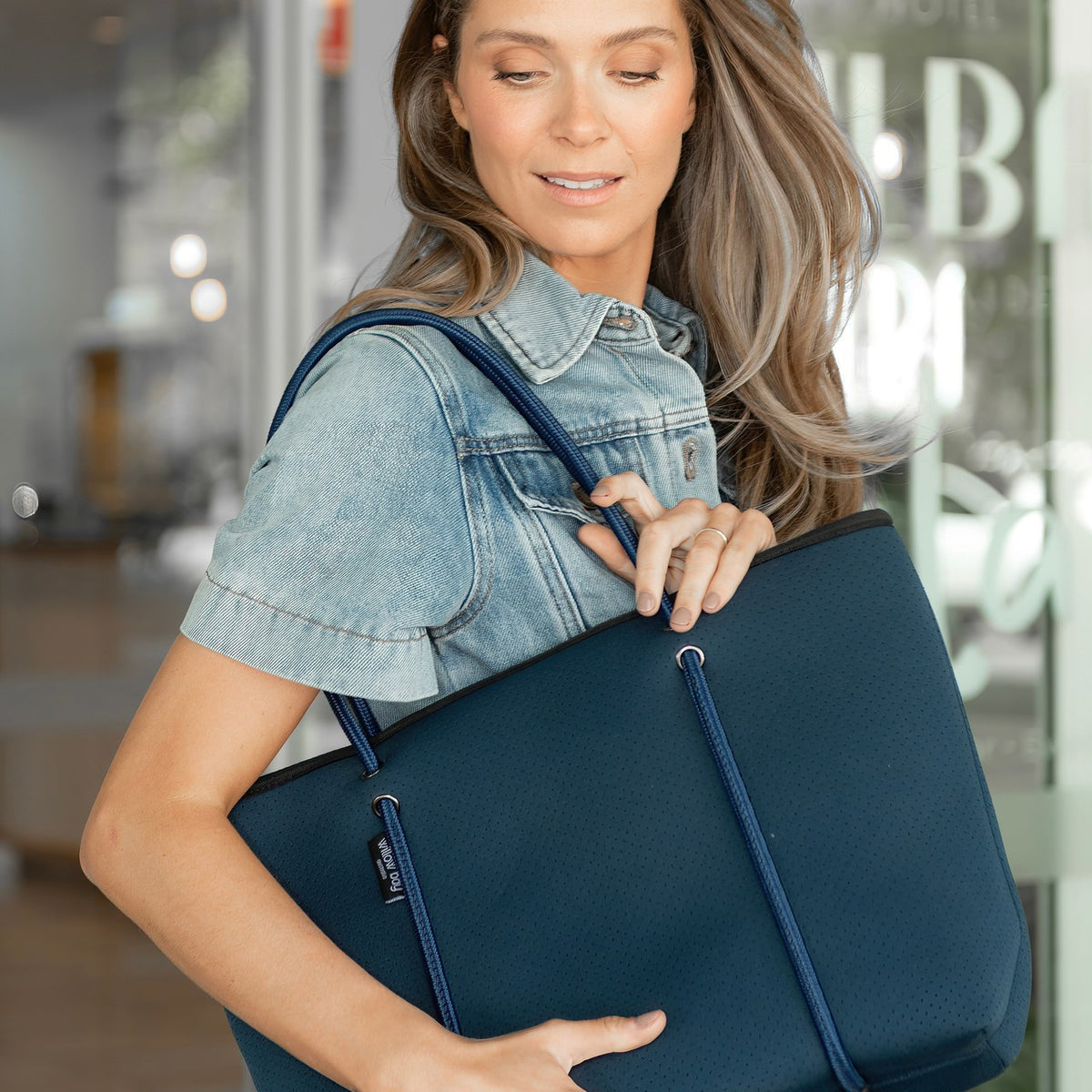 BOUTIQUE SIGNATURE Neoprene Tote Bag With Zip - Navy-Zip Tote-Willow Bay Australia